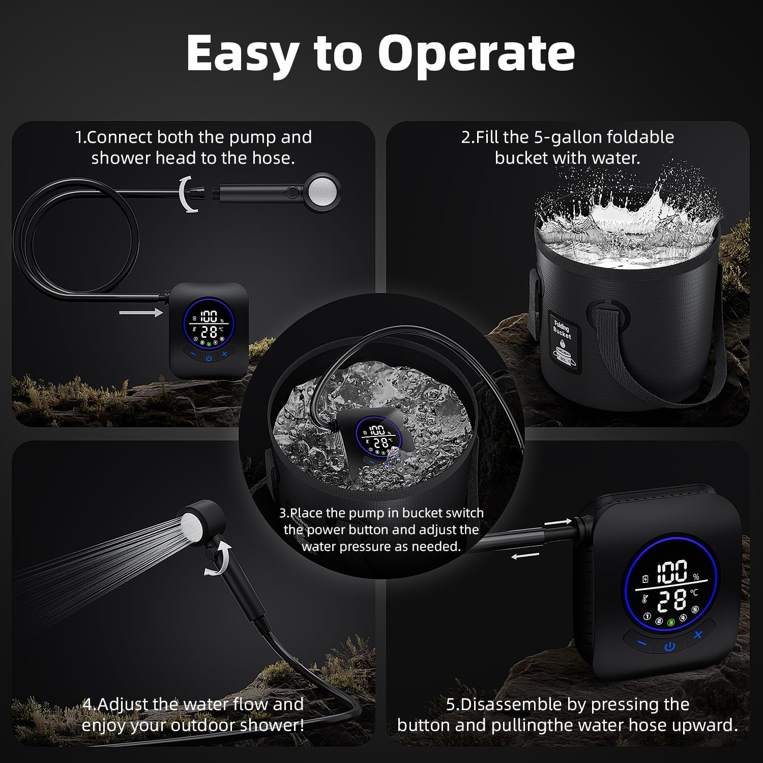 Moriko Portable Shower for Camping, 8000mAh Rechargeable Camping Shower Pump, 5 Shower Modes & IPX8 Waterproof, 5 Gallons Foldable Bucket, Outdoor Shower for Hiking, Travel, Car, Pet, Beach, RV, Boat Moriko Portable Shower for Camping, 8000mAh Rechargeable Camping Shower Pump, 5 Shower Modes & IPX8 Waterproof, 5 Gallons Foldable Bucket, Outdoor Shower for Hiking, Travel, Car, Pet, Beach, RV, Boat